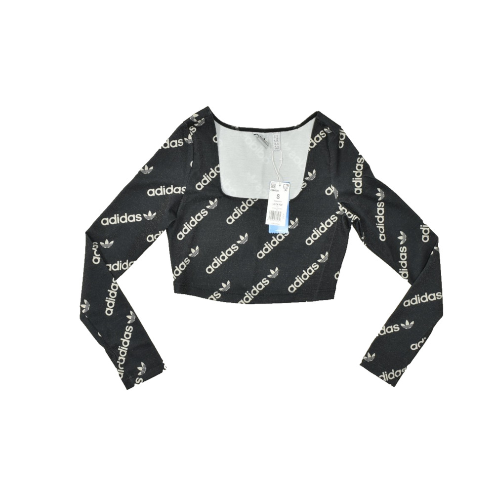 adidas Black Logo Allover Long Sleeve Cropped Top